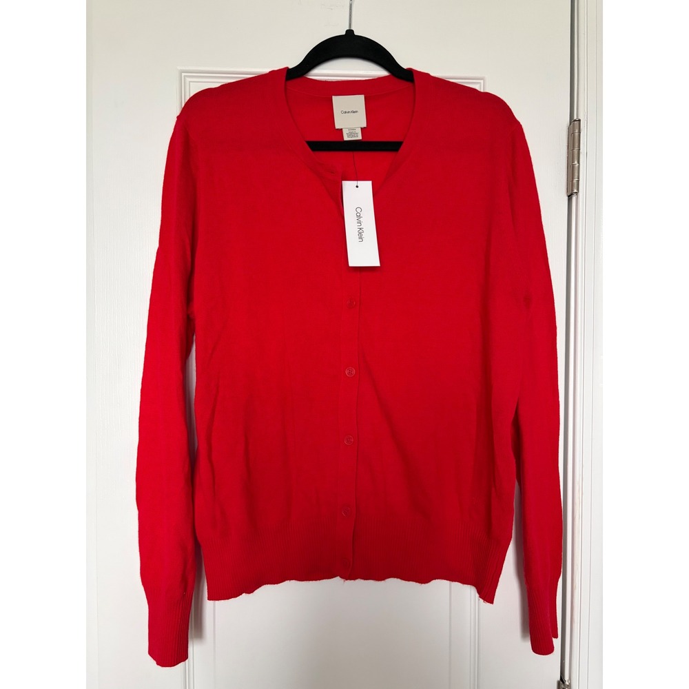 Calvin Klein Women Red Button Front Crew Neck Cardigan Sweater XL NWT